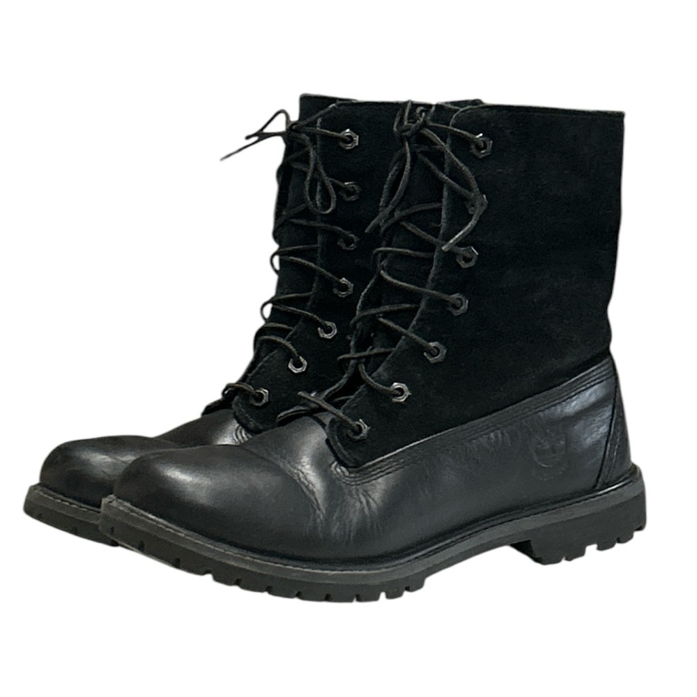 Timberland Black Leather Teddy Fleece Waterproof Fold Down Boots Lace Up Sz 9 - Picture 9 of 16